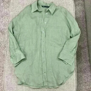 Zara Oversized Green Linen Blend Button Down